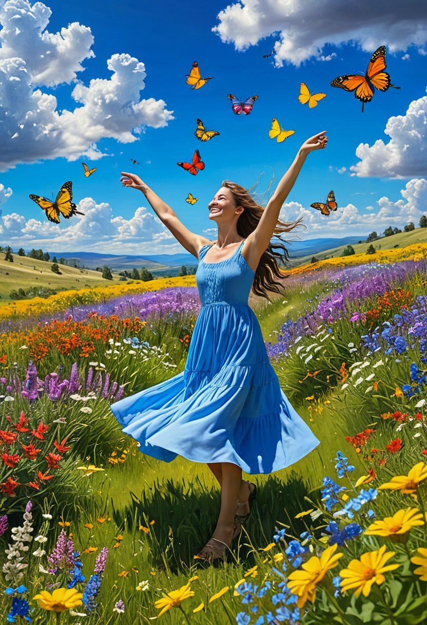 A serene scene depicting a sunlit meadow filled with blooming wildflowers, with a joyful person twirling with arms outstretched, surrounded by butterflies and birds in flight. The background features a vibrant blue sky with fluffy white clouds, symbolizing freedom and cheerfulness. Ensure the colors are bright and uplifting to evoke a sense of happiness. super-realistic. vibrant colors. 3D.