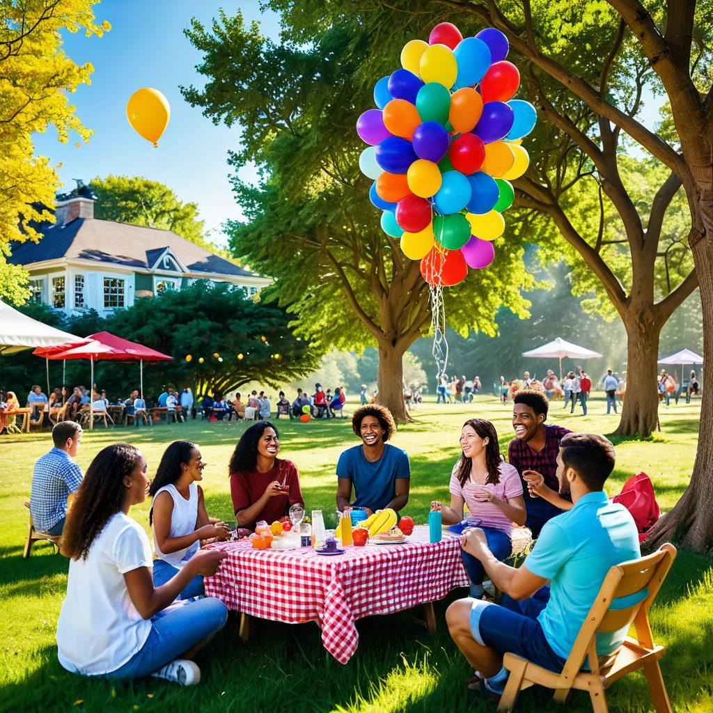 A vibrant scene depicting diverse people engaged in joyful activities, surrounded by colorful balloons and laughter-filled nature. Sunshine bursts through the trees, creating a warm and inviting atmosphere. Include elements like flowers, a picnic setting, and individuals sharing smiles and positivity. The overall mood should reflect happiness and upliftment. super-realistic. vibrant colors. sunny backdrop.