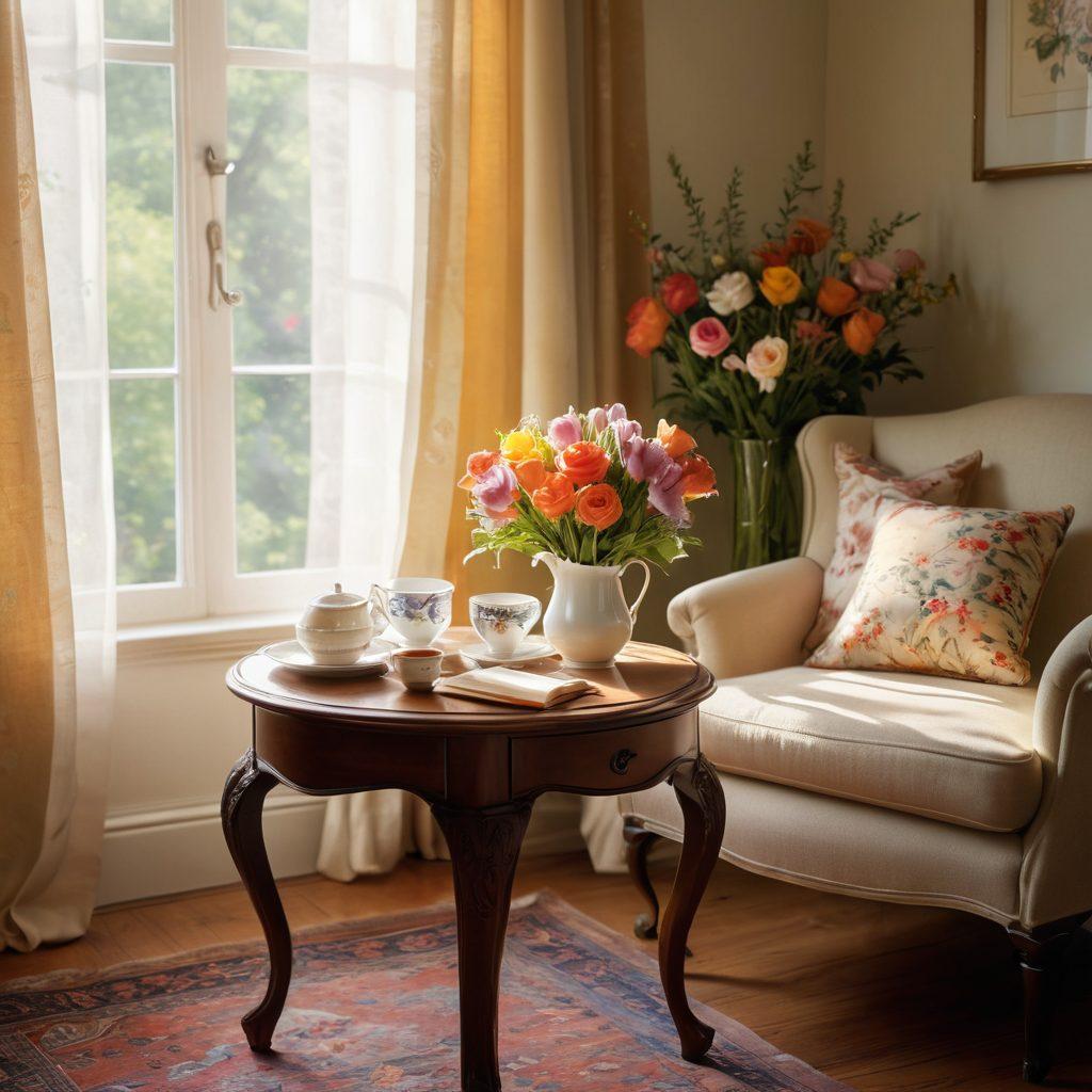 A serene setting depicting a cozy corner of a room with a beautifully arranged tea table, adorned with delicate teacups and a colorful bouquet of flowers. Soft sunlight filters through sheer curtains, casting gentle shadows, while a book lies open beside a steaming cup of herbal tea. An inviting armchair enhances the atmosphere of tranquility and joy. super-realistic. vibrant colors. soft lighting.